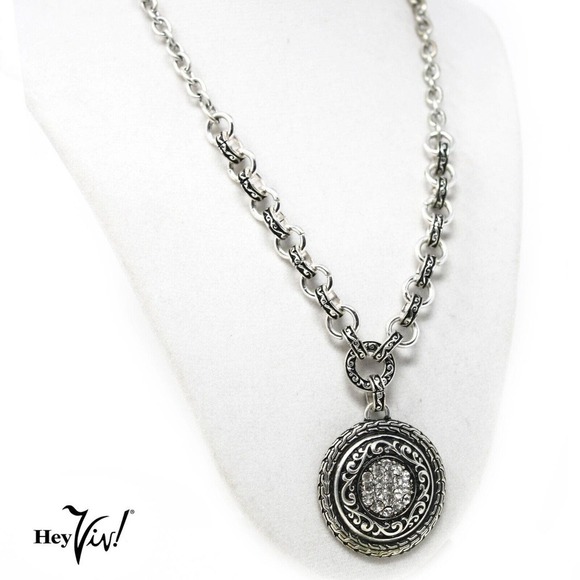 Vintage Decorated Chain Ornate Engraved Pendant w Rhinestones 21" Chain -Hey Viv - Picture 4 of 6